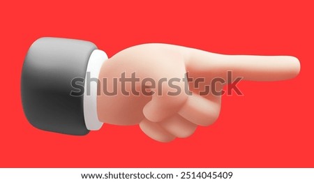 Vector illustration of man white skin hand point gesture to right on red color background. 3d style design of fore finger point gesture male hand in sleeve for web, banner, poster, print