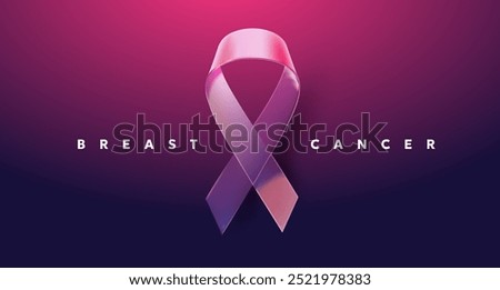 Vector 3d illustration of breast cancer pink realistic ribbon with loop. Symbol of breast cancer awareness. Template design of shine ribbon with word for awareness month campaign banner background