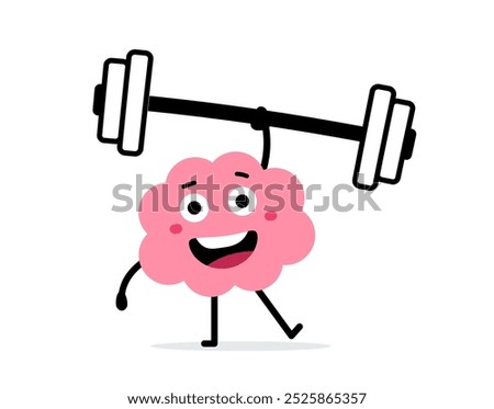 Vector cartoon illustration of strong happy brain character lift barbell easy on white color background. Flat line doodle style design of smile healthy brain exercise with weight for web, site, banner