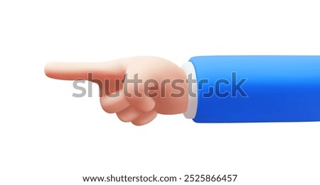 Vector illustration of man hand point gesture to left on white color background. 3d style design of fore finger point gesture male white skin hand in blue sleeve of business costume for web, banner