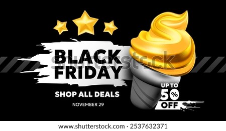 Vector black friday sale illustration with golden ice cream and label on dark background. 3d style sale business promotion design of black friday logo of discount day with ice cream and 50% off