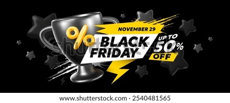 Vector black friday sale illustration with trophy cup and logo with 50% off. 3d style sale business promotion design of black friday label of discount day and winner cup on dark background for banner