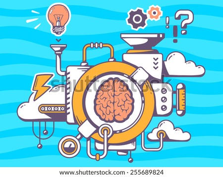 Vector illustration of mechanism to research brain and relevant icons on blue pattern background. Line art design for web, site, advertising, banner, poster, board and print.