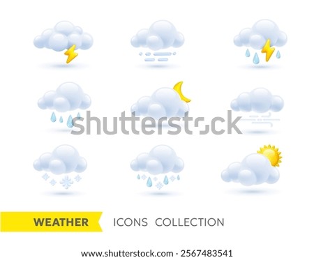 Vector illustration of different weather with sun, half moon, rain, thunder and snow cloud on white background. 3d cartoon style forecast weather design of icon set of summer sun, cloud, crescent moon