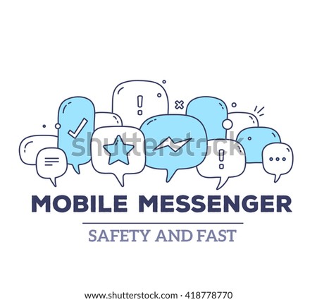 Vector illustration of blue color dialog speech bubbles with icons and text mobile messenger on white background. Safety and fast mobile messenger concept. Thin line art flat design of communication