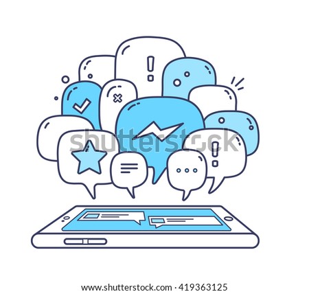 Vector illustration of blue color dialog speech bubbles with icons and phone on white background. Safety and fast mobile messenger concept. Thin line art flat design of communication technology theme