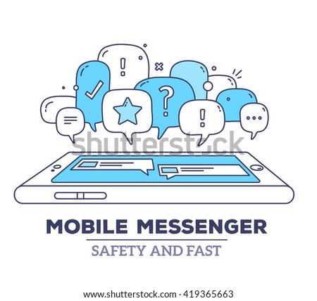 Vector illustration of blue color dialog speech bubbles with icons, phone, text mobile messenger on white background. Safety, fast mobile messenger concept. Thin line art flat design of communication