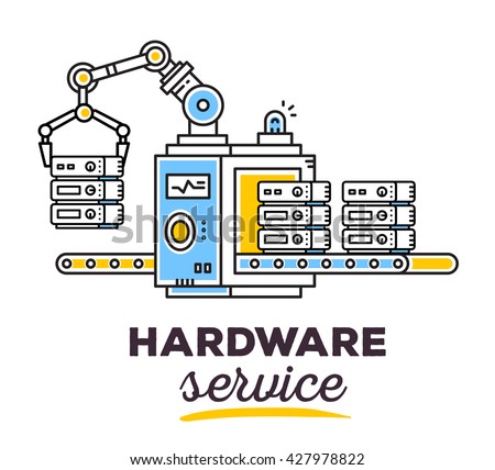 Vector illustration of creative professional mechanism with conveyor to produce a new server with text on light background. Draw flat thin line art style monochrome design for hardware service theme