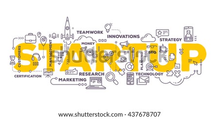 Vector creative illustration of business startup word lettering typography with line icons, tag cloud on white background. Startup technology concept. Thin line art style design for business startup