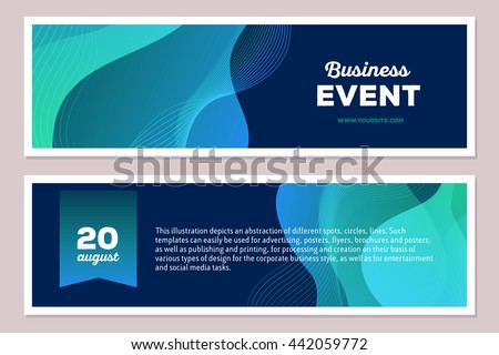 Vector template illustration of blue colorful abstract composition with text on dark background, horizontal format. Business event concept. Front and back side. Flat art design modern style banner