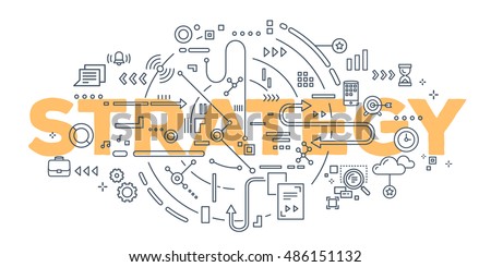 Vector creative illustration of strategy word lettering typography with line icons on white background. Business strategy concept. Thin line art style design for web, site, banner