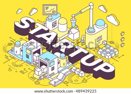 Vector illustration of word startup and three dimensional mechanism with conveyor, robotic hand on yellow background with scheme. Startup construction and development. 3d thin line art style design