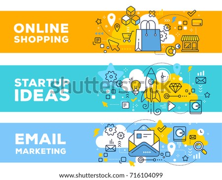 Online shopping & startup ideas concept on color backgrounds with title. Vector set of banner illustrations with business elements. Thin line art flat style design for web, site, banner, presentation