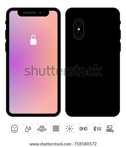 Vector illustration of new mobile phone front and back side. Isolated smartphone mockup with lock colorful screen on white background with icon set. Realistic style design of phone eps10 format of web