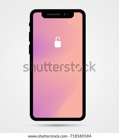 Vector illustration of new mobile phone front side. Isolated smartphone mockup with lock colorful screen on white background with shadow. Realistic style design of phone eps10 format for web, banner
