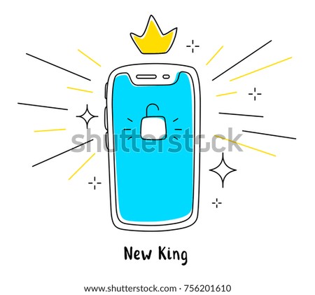 Vector illustration of new mobile phone front side. Smartphone with lock blue screen and crown on white background. Line art doodle style design of phone for web, site, banner, advertising