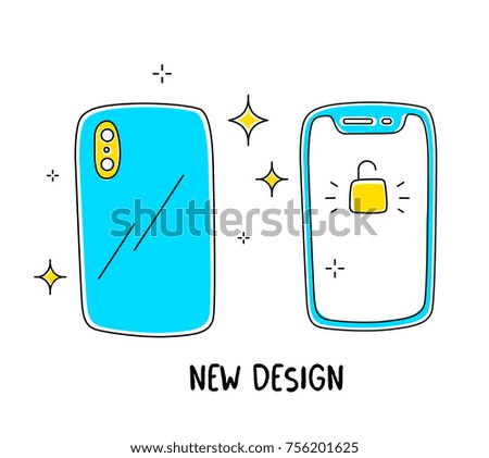 Vector illustration of new mobile phone front and back side. Blue smartphone with lock screen and camera on white background. Line art doodle style design of phone for web, site, banner, review 