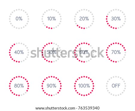 Vector set illustration with icon indicator download progress design for web site interface template file upload. Flat style modern red color circle progress bar, loading and buffering percentage
