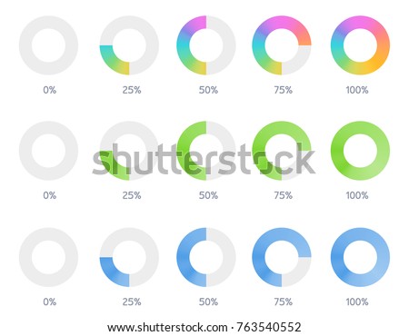 Vector set illustration with modern colorful circle progress bar, loading and buffering percentage diagram on white background. Flat style icon indicator download progress. Percent pie chart design
