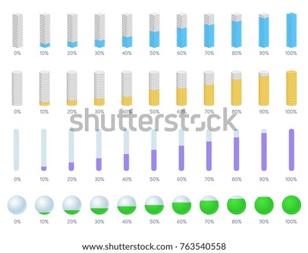 Vector set illustration with many modern colorful vertical and round progress bar, loading and buffering percentage diagram on white background. Flat style different type preloader bar indicator