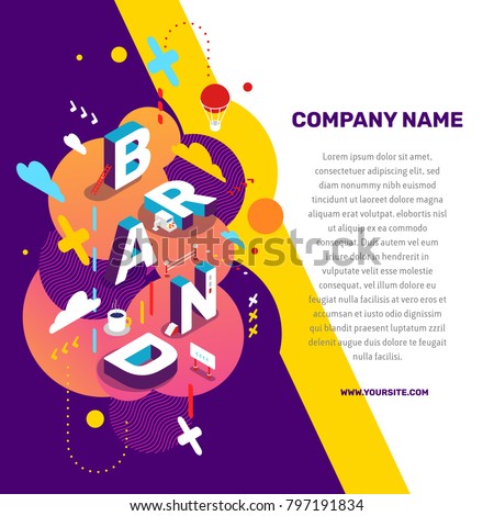 Vector creative concept illustration of 3d word brand lettering typography with decor element, text on color background. Isometric abstract branding design. Composition business template for banner