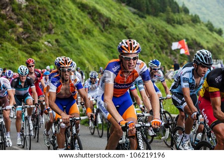 BEOST,FRANCE-JUL 15:The peloton climbing the mountain pass Aubisque in the 13 stage of \