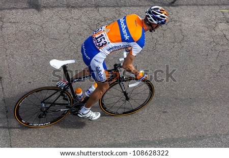 ROUEN, FRANCE-JUL 5: Upper view of the Dutch cyclist Mollema Bauke (Rabobank Cycling Team) riding to the start line of the stage 5 of Le Tour de France in Rouen, France on July 5, 2012.