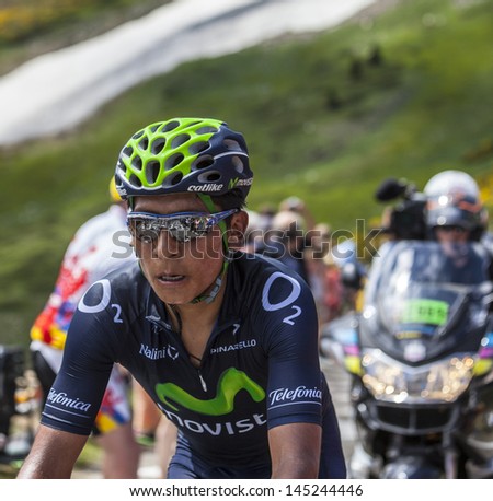 PORT DE PAILLERES,FRANCE- JUL 6:The cyclist Nairo Alexander Quintana Rojas from Movistar Team while climbing the road to Col de Pailheres during the stage 8 of Le Tour de France on July 6 2013.
