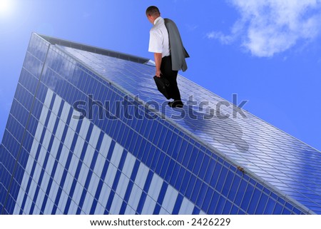 Abstract image of a tired businessman walking on a corporate building.It can suggest somenthing like building a business or a carrier.