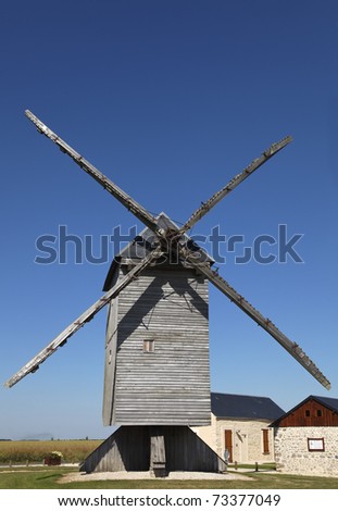 Traditional wooden windmill in the Eure&Loir region of France.This windmill is \