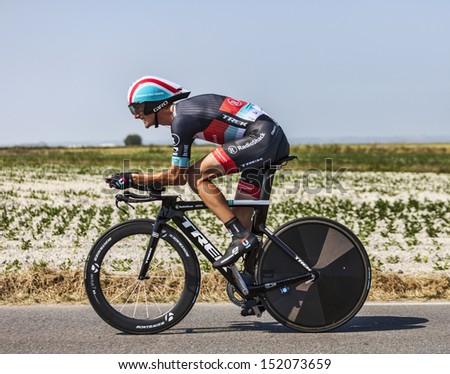 LE PONT LANDAIS,FRANCE-JUL 10:The cyclist Andy Schleck cycling during the stage 11(time trial Avranches -Mont Saint Michel) of the edition 100 of Le Tour de France on July 10, 2013