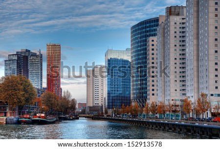 ROTTERDAM,NETHERLANDS- NOV 1:Skyscrapers near the port on November 1,2011 in Rotterdam. Rotterdam is one of the largest port in the world.It is called the Gateway to Europe.