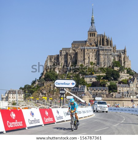 LE MONT SAINT MICHEL,FRANCE-JUL 10:The Kazakh cyclist Dimitry Muravyev from  Astana Team cycling during the  stage 11(time trial Avranches -Mont Saint Michel) of Le Tour de France on July 10, 2013