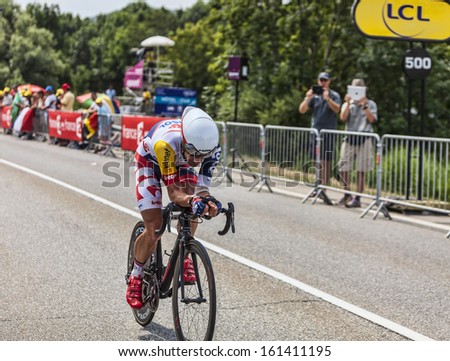 CHORGES, FRANCE- JUL 17: The cyclist Gregory Henderson from Lotto-Belison Team pedaling during the stage 17 of Le Tour de France 2013, a time trial between Embrun and Chorges on July 17 2013