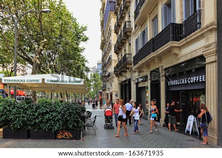 BARCELONA,SPAIN-JUNE 24, 2011:Unidentified people walking in front of a Starbucks Coffee on a boulevard in Barcelona, Spain on June 24, 2011.Starbucks is the largest coffeehouse company in the world.