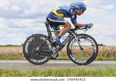 BEAUROUVRE,FRANCE,JUL 21:The Portuguese cyclist Sergio Paulinho from  Team Tinkoff-Saxo pedaling during the 19 stage- a time trial between Bonneval and Chartres on July 21 2012.