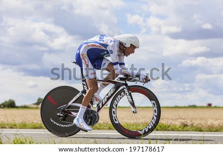 BEAUROUVRE,FRANCE,JUL 21:The French cyclist Jerome Coppel  from Team Saur-Sojasun pedaling during the 19 stage- a time trial between Bonneval and Chartres on July 21 2012