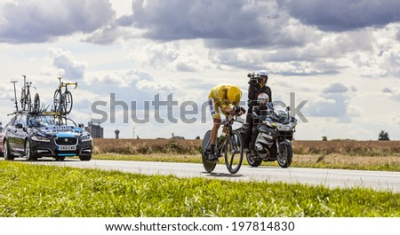 BEAUROUVRE,FRANCE,JUL 21:The winner of theTour de France 2012,Bradley Wiggins (Sky Procycling) wearing the Yellow Jersey during the 19 stage- a time trial between Bonneval and Chartres on July 21 2012