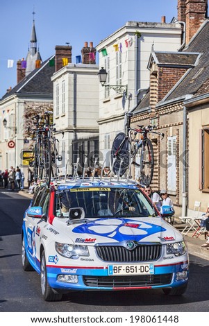 ILLIERS-COMBRAY,FRANCE,JUL 21: The technical car of FDJ Team on the road in a small French village during the 19th stage of Le Tour de France on July 21 2012