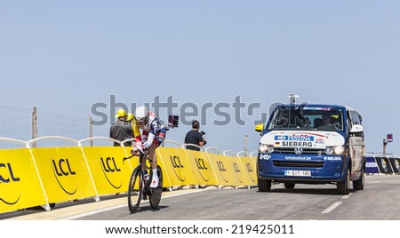 LE MONT SAINT MICHEL,FRANCE-JUL 10:The German cyclist Marcel Sieberg from Lotto-Belisol Team cycling during the stage 11 of Le Tour de France 2013, a time trial between Avranches and Mont Saint Michel