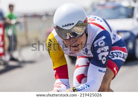 LE MONT SAINT MICHEL,FRANCE-JUL 10:The German cyclist Andre Greipel from Lotto-Belisol Team cycling during the stage 11 of Le Tour de France 2013, a time trial between Avranches and Mont Saint Michel