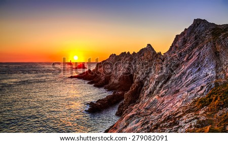 Beautiful sunset on the Pointe du Raz located on Finistere coast in Brittany, north-west of France.This is the France\'s most westerly point.