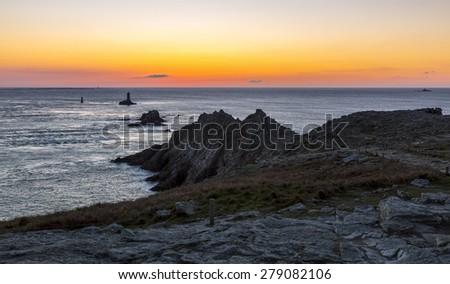 Beautiful sunset on the Pointe du Raz located on Finistere coast in Brittany, north-west of France.This is the France\'s most westerly point.