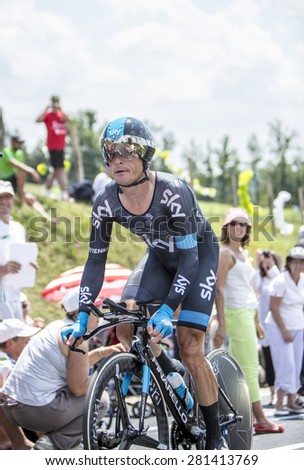 COTE DE COULOUNIEIX-CHAMIERS,FRANCE - JULY 26:Vasili Kiryienka (Team Sky) pedaling  on a steep slope,during the stage 20 ( time trial Bergerac - Perigueux) of Le Tour de France on July 26, 2014