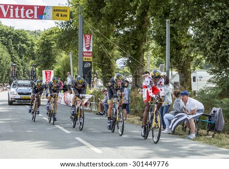 PLUMELEC,FANCE - JUL 12:Team MTN-Qhubeka riding the Team Time Trial stage between Plumelec and Vannes, during Tour de France on 12 July, 2015.