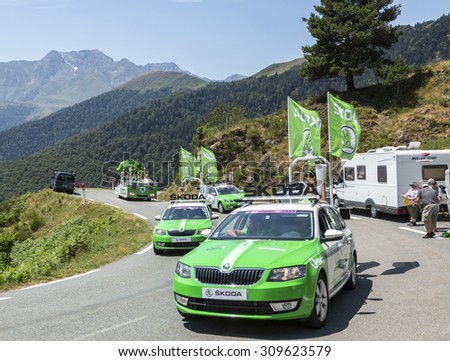 COL D\'ASPIN,FRANCE - JUL 15: Skoda Caravan during the passing of the Publicity Caravan on a Col d\'Aspin in Pyerenees Mountains during the stage 11 of Le Tour de France on Juy 15, 2015.