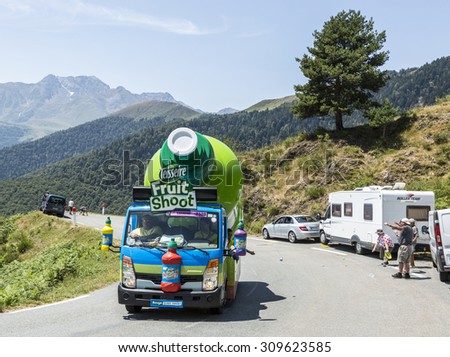 COL D\'ASPIN,FRANCE - JUL 15:Teisseire Caravan during the passing of the Publicity Caravan on the Col d\'Aspin in Pyerenees Mountains during the stage 11 of Le Tour de France on Juy 15, 2015.