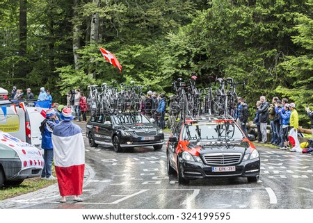 LE MARKSTEIN, FRANCE - JUL 13:The car of BMC Racing Team  following the peloton on the road to mountain pass Le Markstein during the stage 9 of Le Tour de France on July 13, 2014