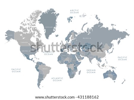 Highly detailed world map with labeling. Grayscale vector illustration.