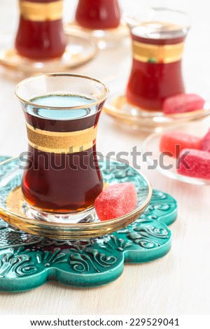 Very taste black Turkish tea drinking, traditional Turkish tea in glasses